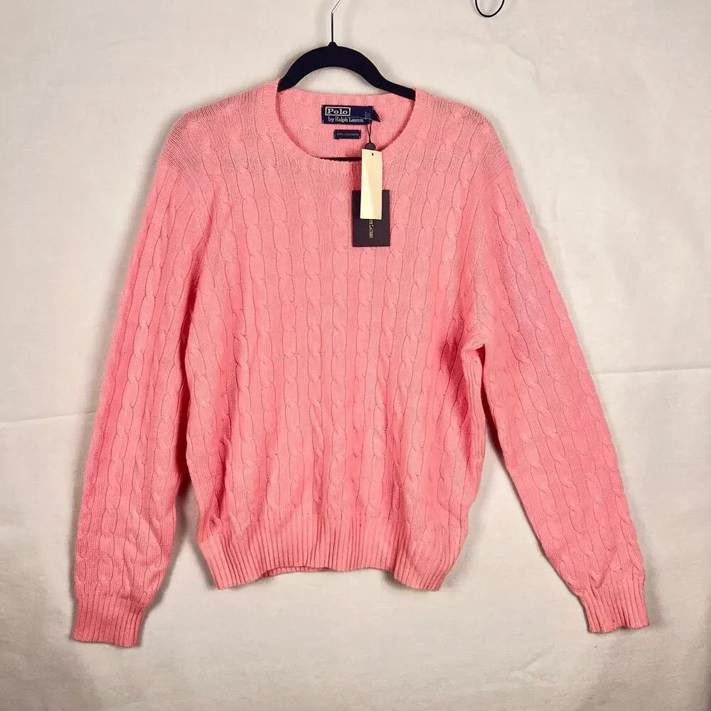 Vintage Polo Ralph Lauren NWT Pink Cashmere Cable Knit Crewneck Sweater L FLAW